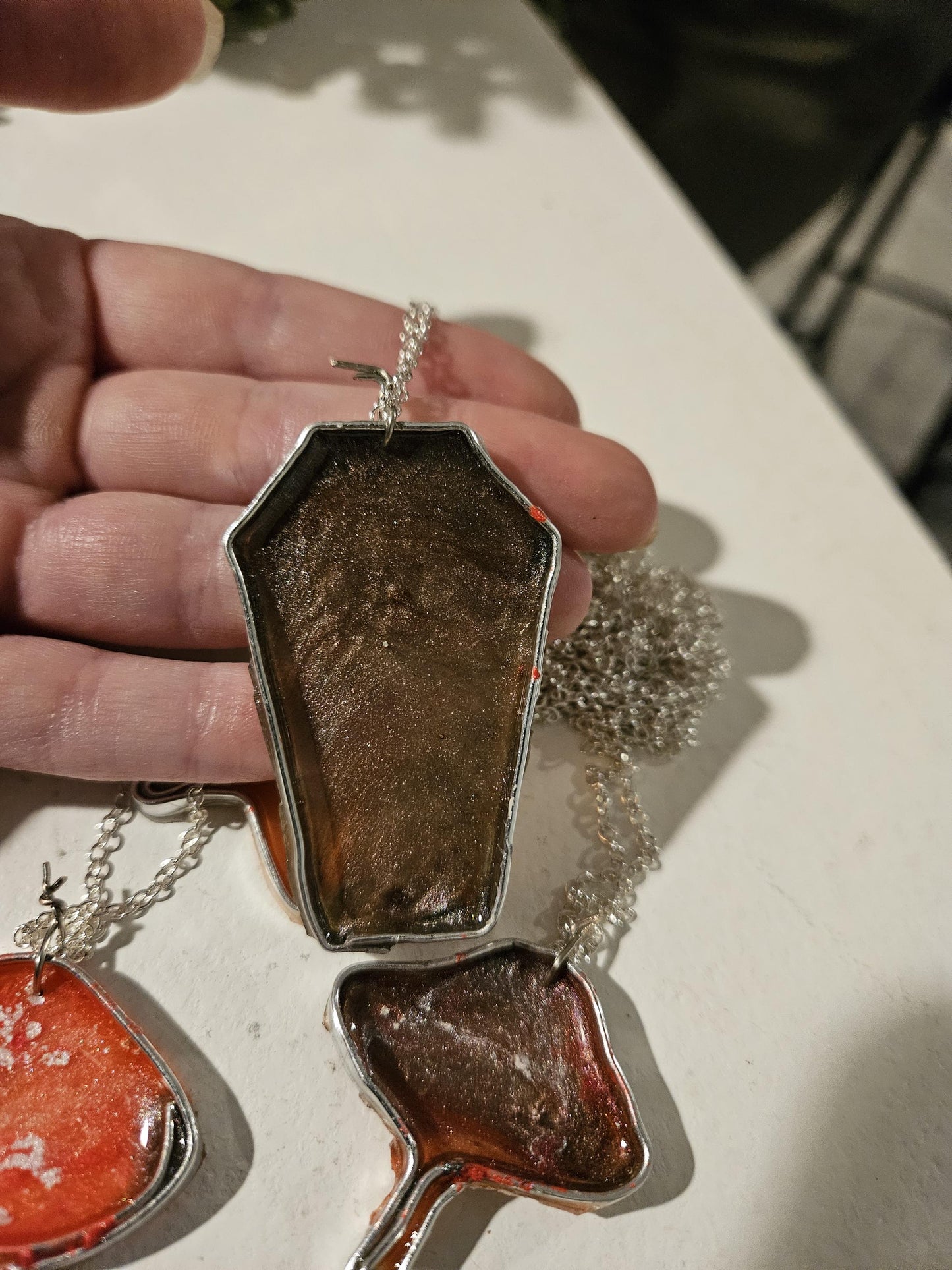 Custom Halloween Necklace: Coffin & Mushroom Charms, Handmade Gothic Jewelry